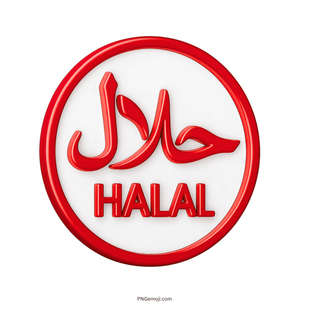 3D Halal symbol in red with Arabic and English text on white background
