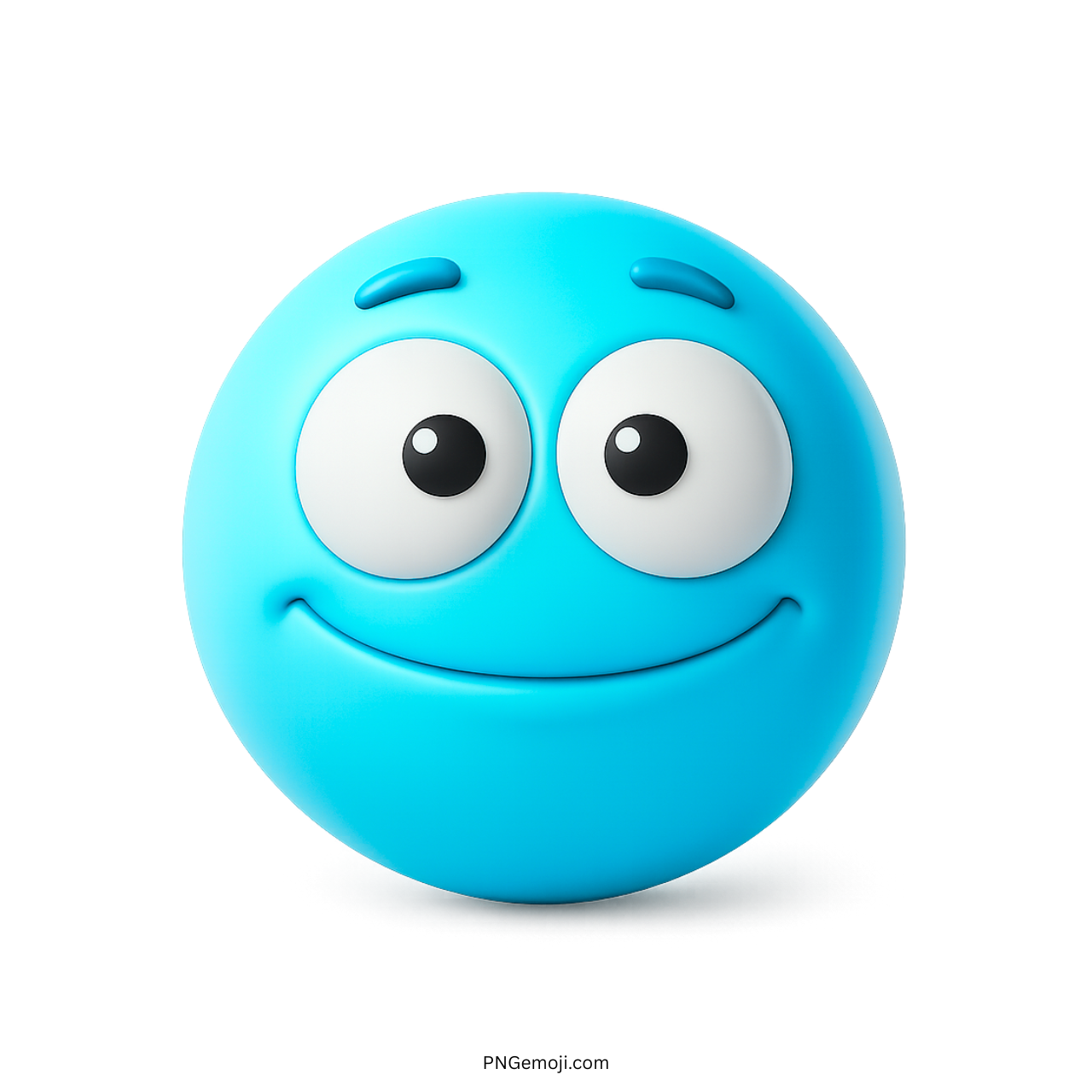 3D light blue emoji with blank smile and wide cartoon eyes in PNG format