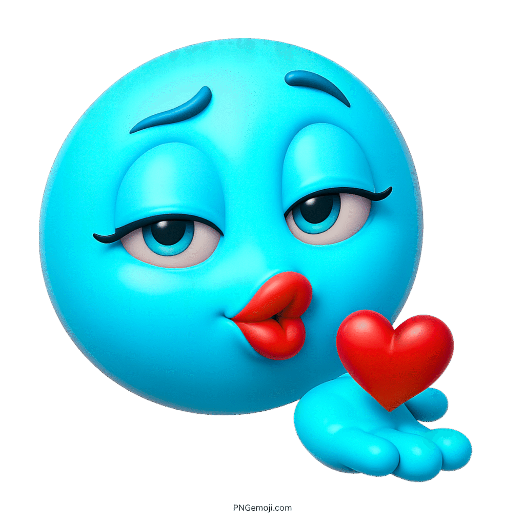 3D light blue emoji blowing kiss with heart and flirty eyes on transparent background