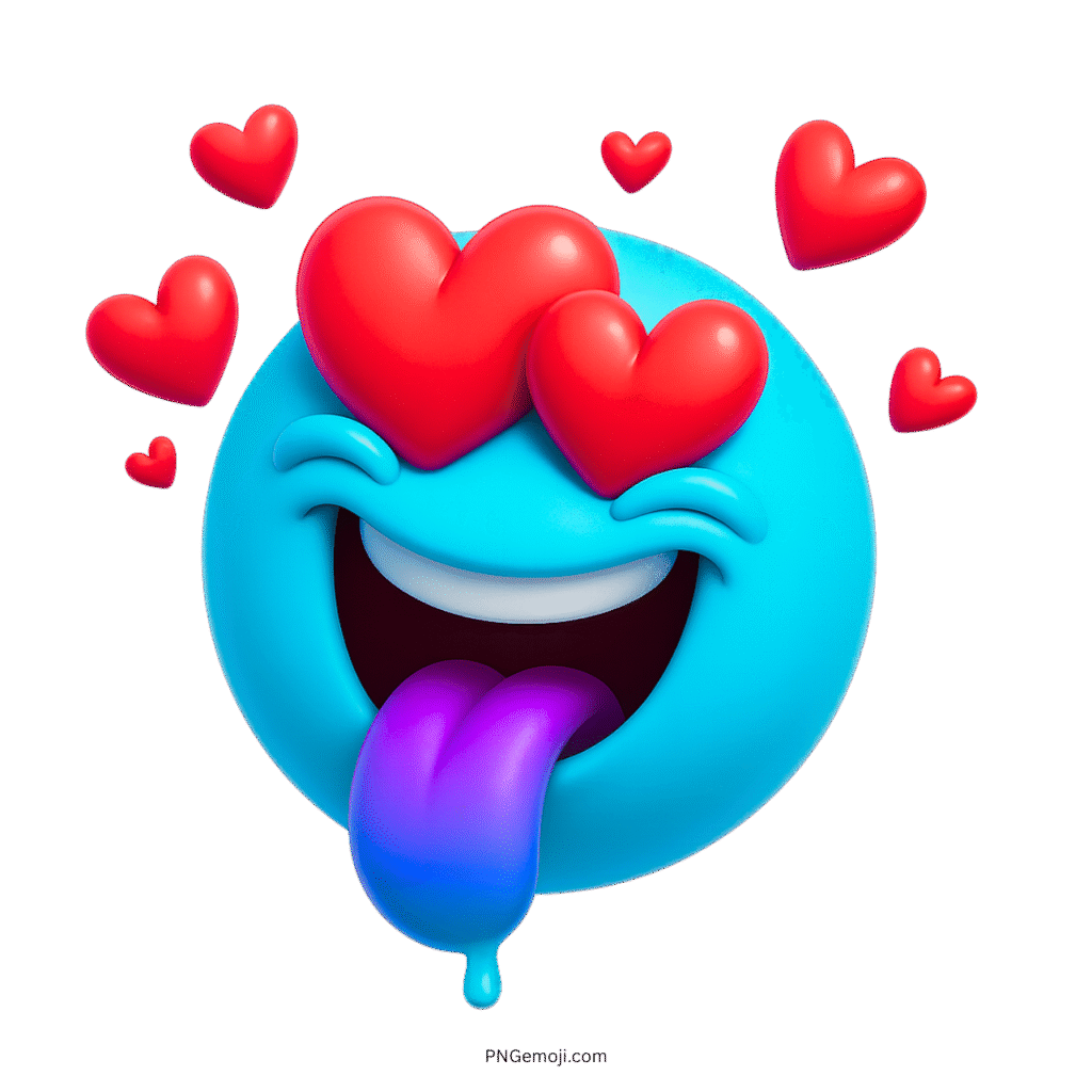 3D light blue crazy love emoji with red heart eyes and purple tongue out