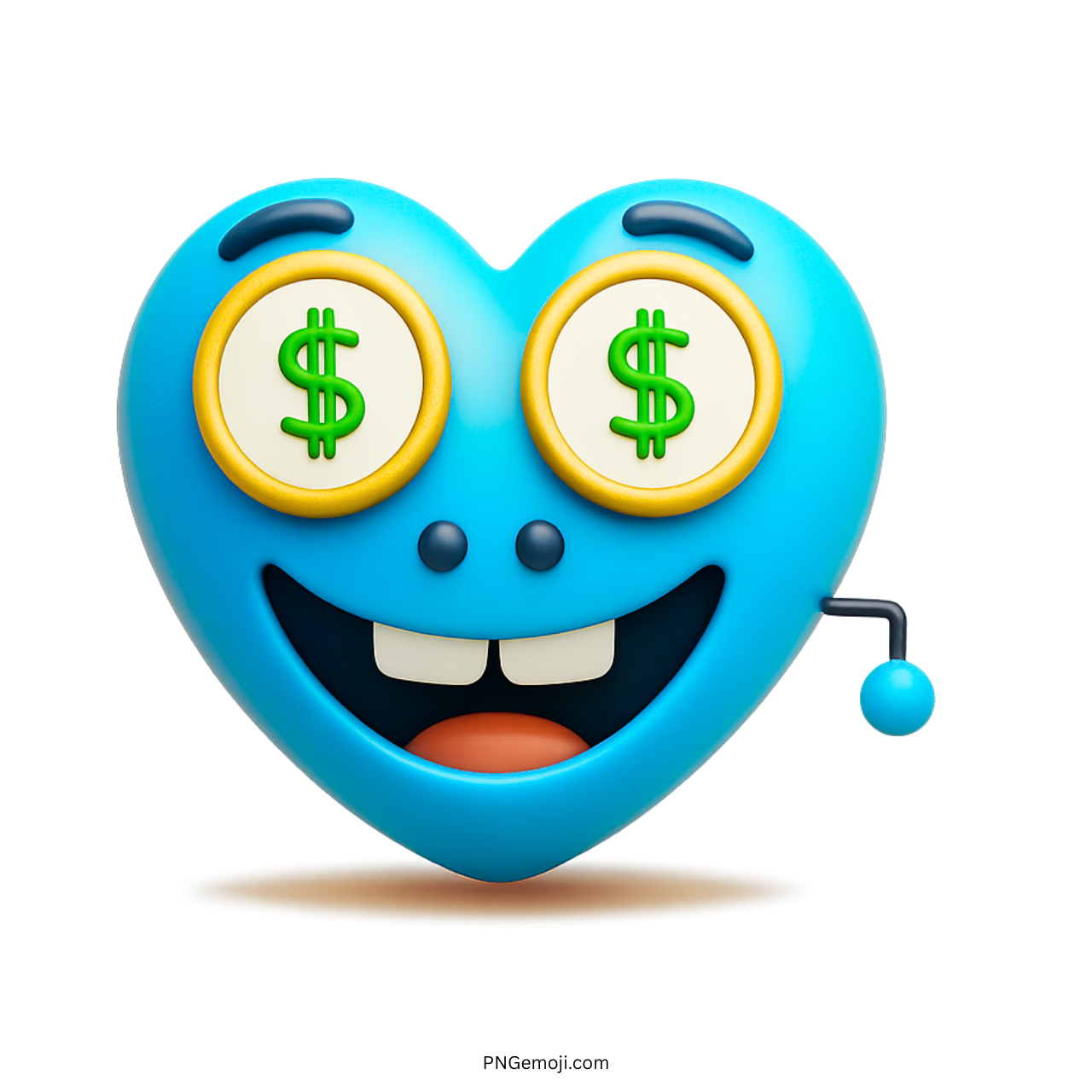 3D light blue heart emoji with dollar eyes and funny cartoon smile
