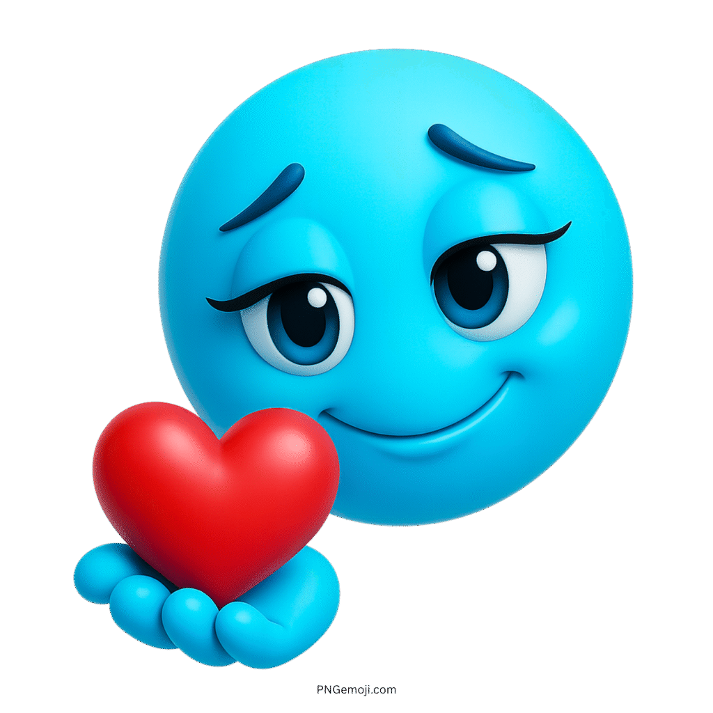 3D light blue emoji offering a red heart with a soft and loving smile
