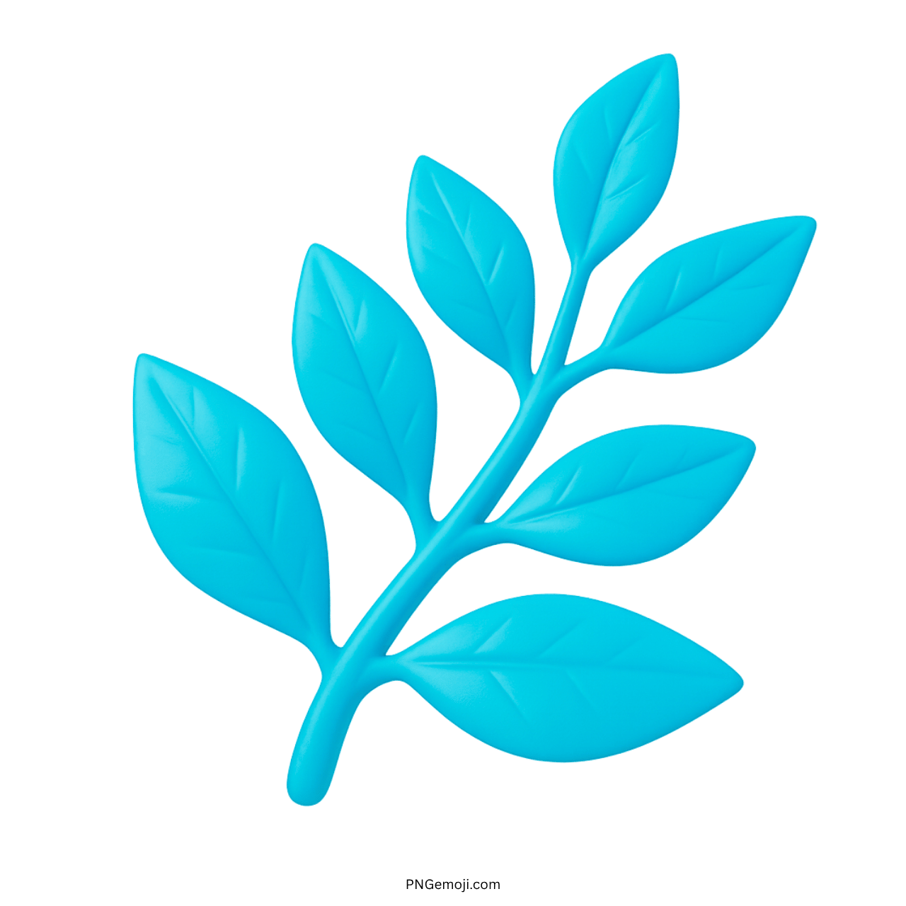 Glossy light blue 3D herb emoji branch with smooth leaves and transparent background