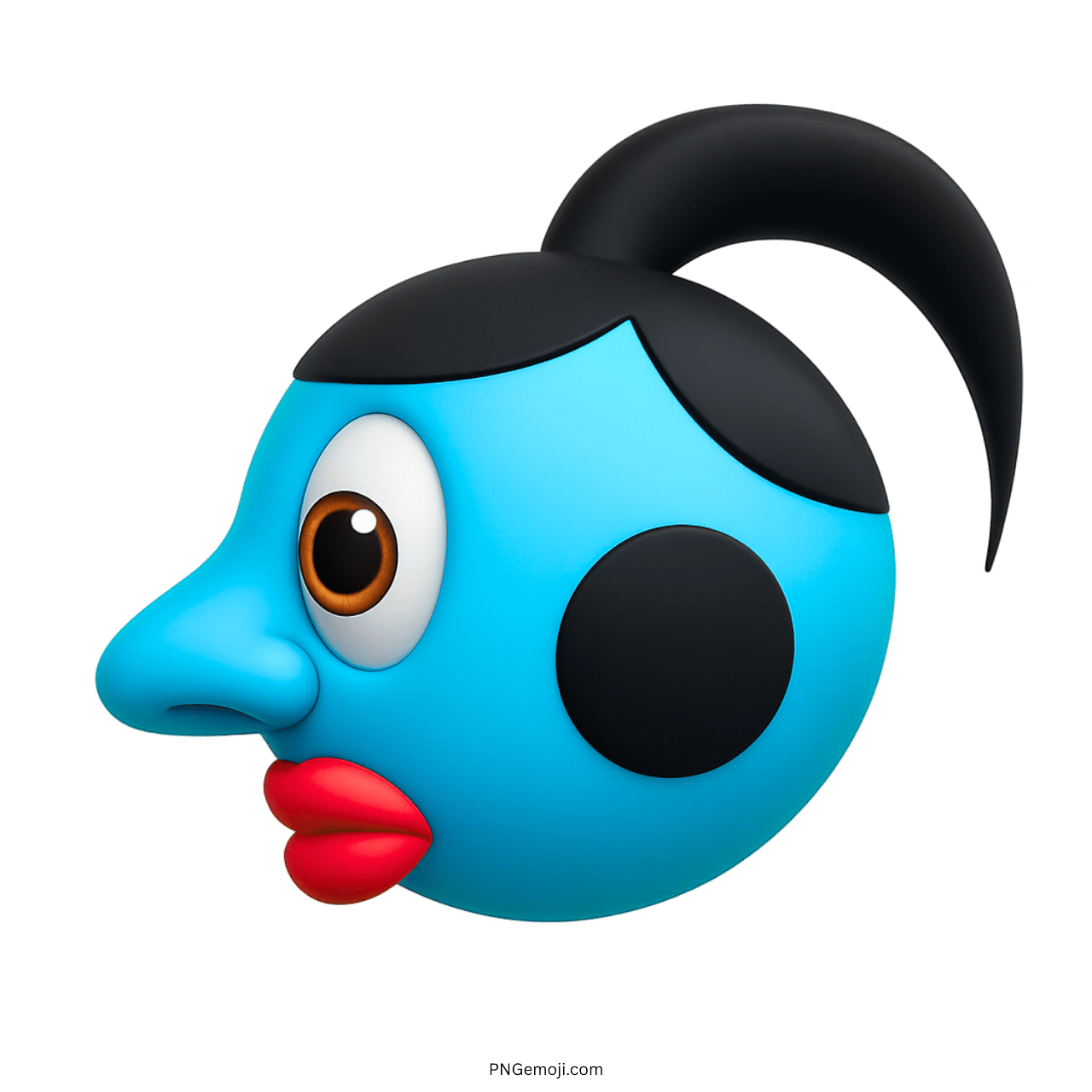 Light blue emoji face in 3D with black patches and red lips design