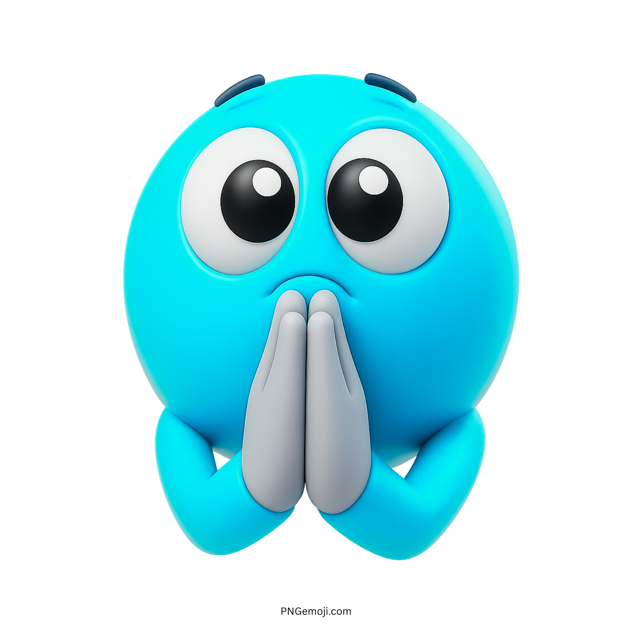3D light blue emoji with pleading eyes and folded hands in praying pose