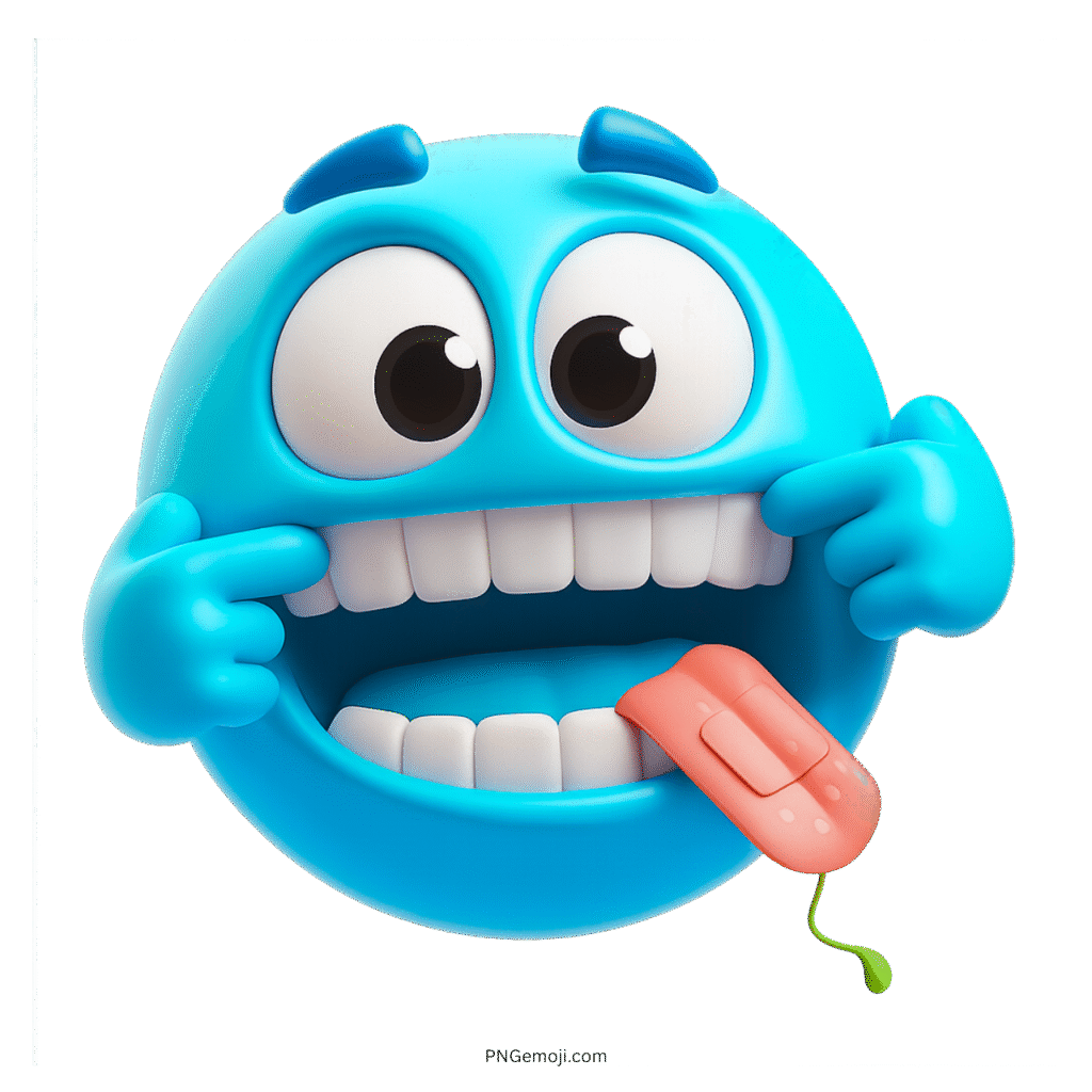 3D light blue emoji with silly face, stretched smile, and tongue sticking out