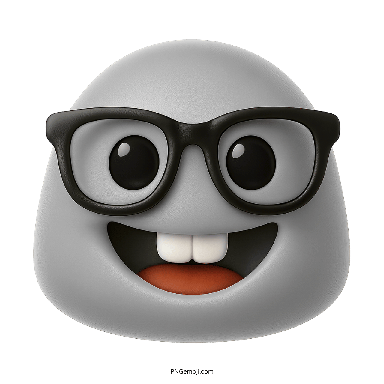3D light gray nerd emoji with black glasses and wide toothy happy smile