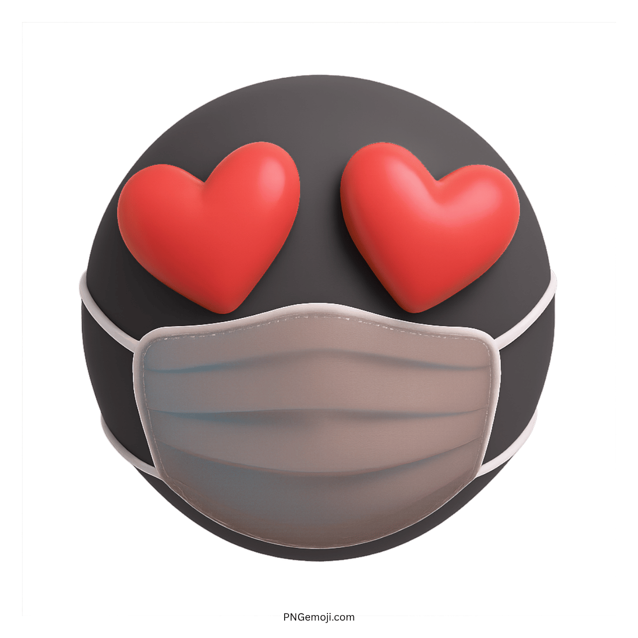 3D love heart eyes emoji face with red hearts and medical mask on dark round face