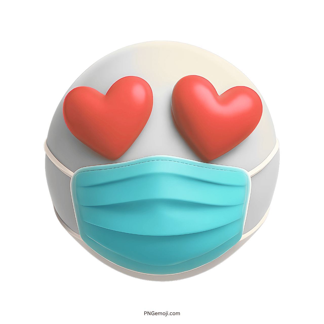 3D white love heart eyes emoji face with red hearts and blue medical mask