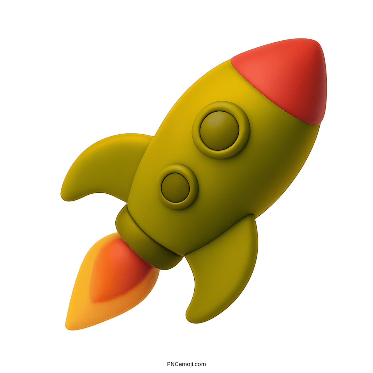 3D olive green rocket emoji with red nose and yellow-orange flame icon