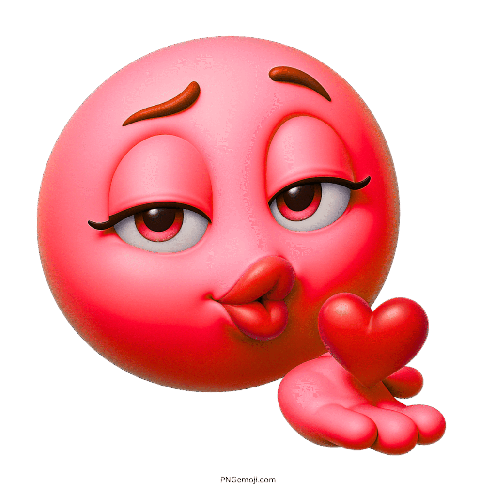 3D pink emoji face blowing kiss with red heart on transparent