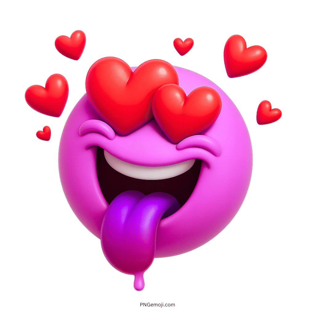3D pink crazy love emoji with red heart eyes and purple tongue sticking out