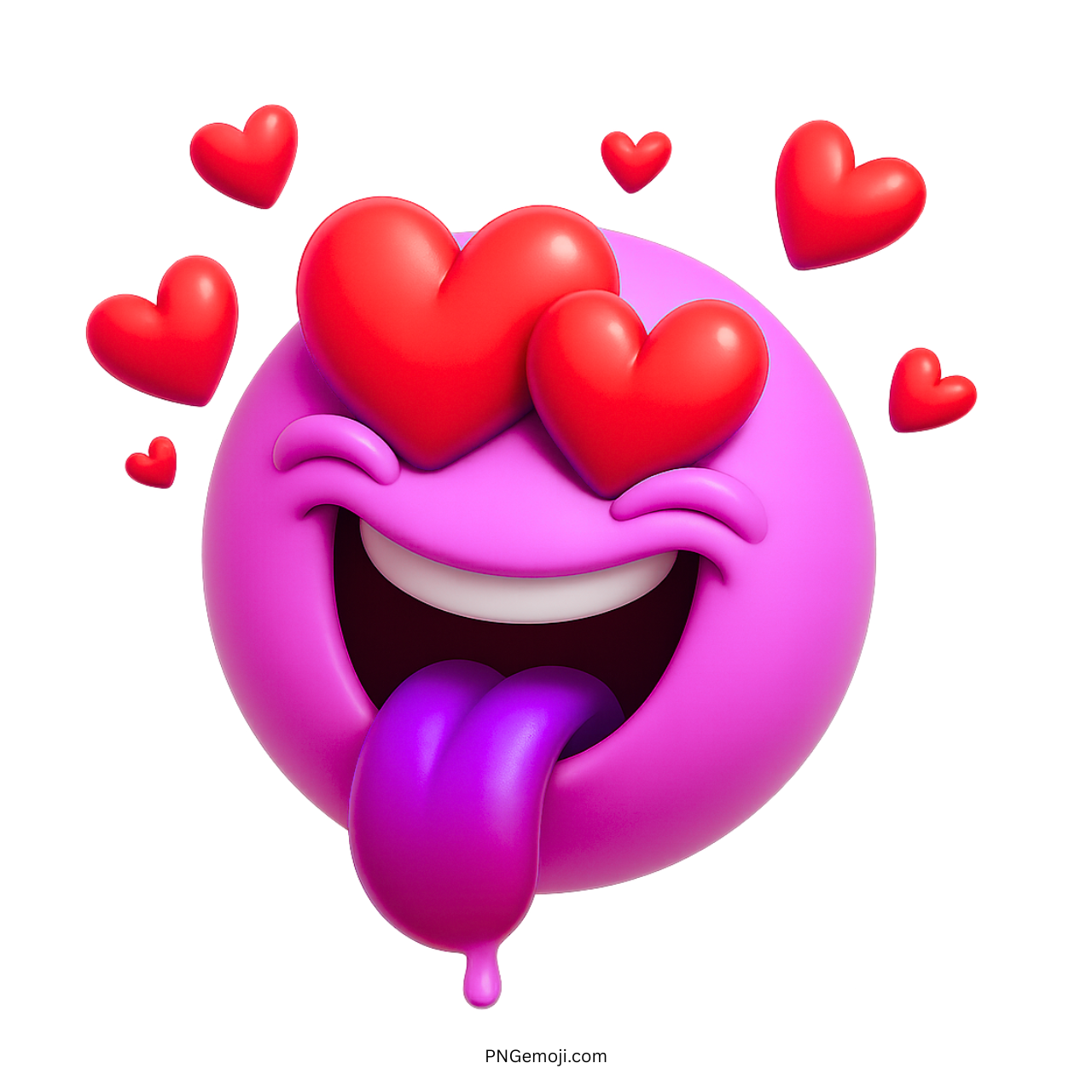3D pink crazy love emoji with red heart eyes and purple tongue sticking out