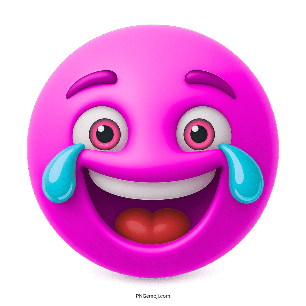 3D pink crying laughing emoji with blue tears and wide smile transparent