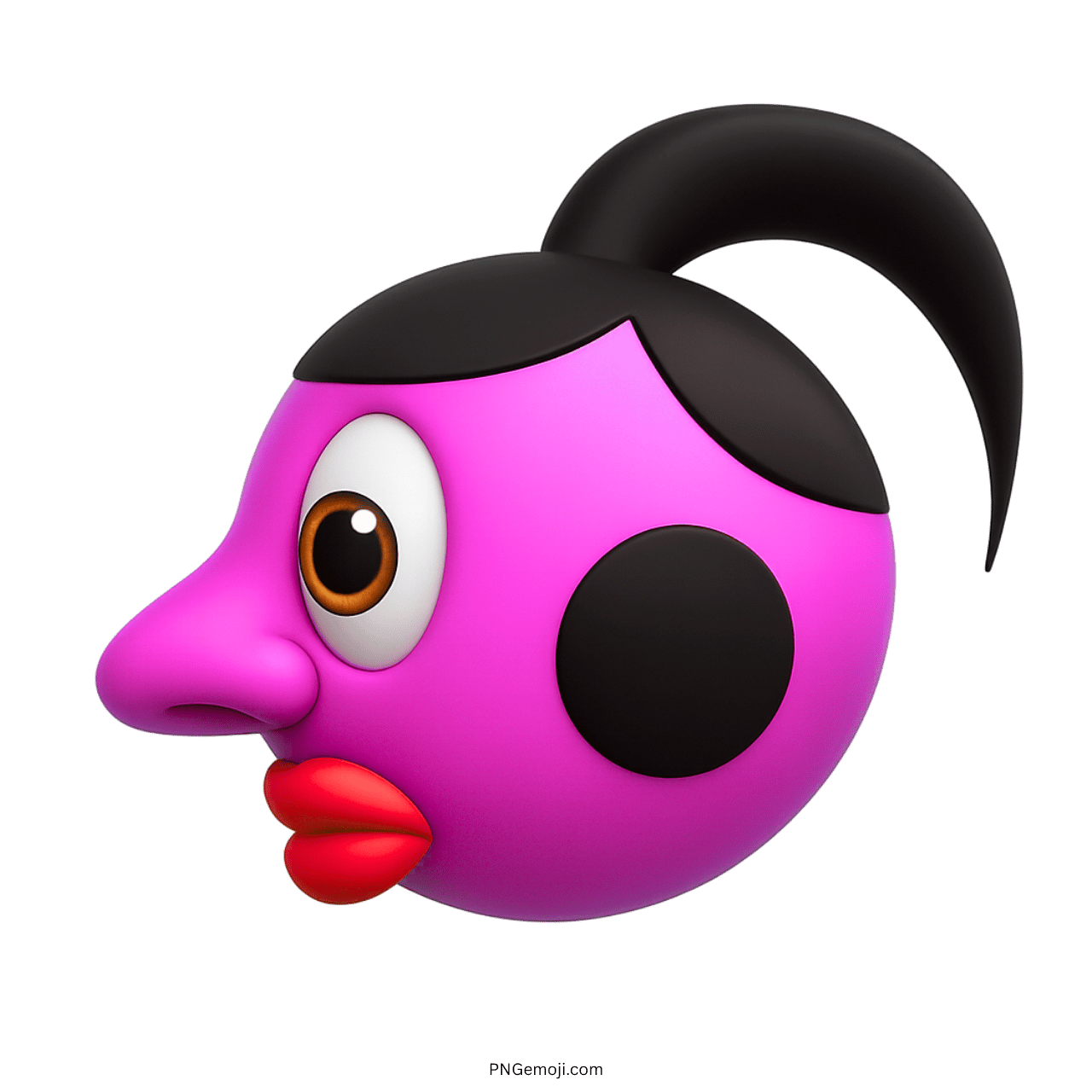 Pink emoji face in 3D with red lips, black spots, and expressive cartoon eyes