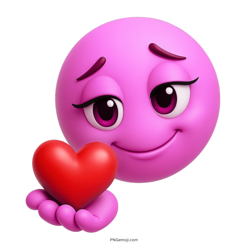 3D pink emoji with heart eyes holding a red love heart gift