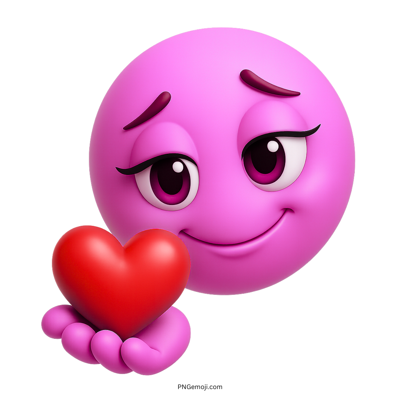 3D pink emoji with heart eyes holding a red love heart gift