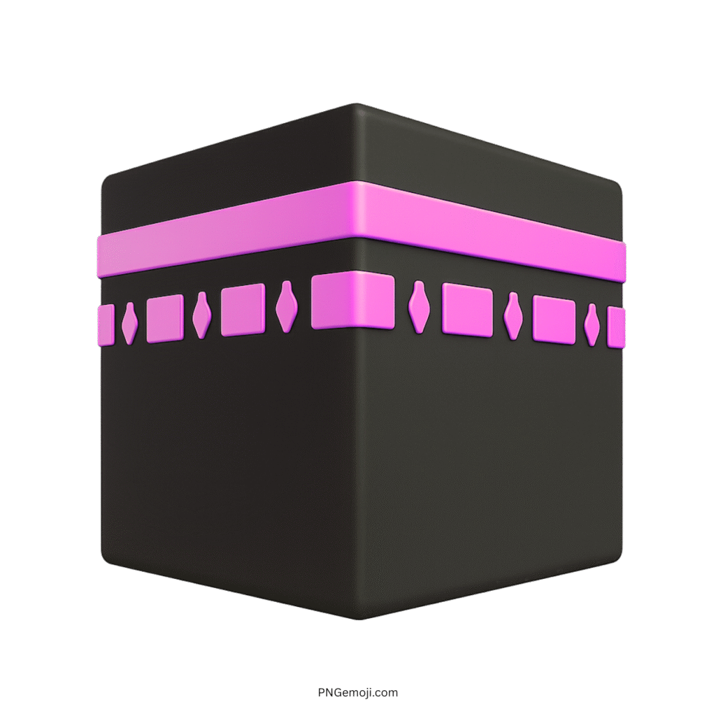 3D Kaaba emoji with pink band and accents on black cube, Islamic icon