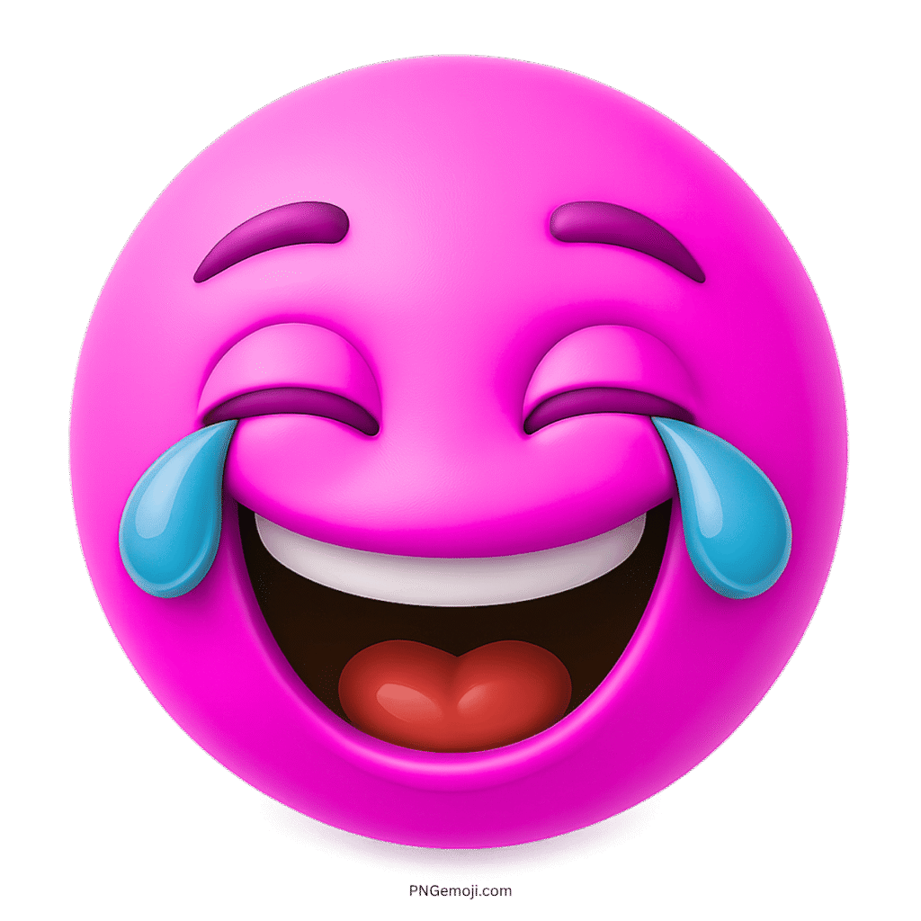 3D pink emoji laughing with tears, wide mouth smile, joyful comic expression