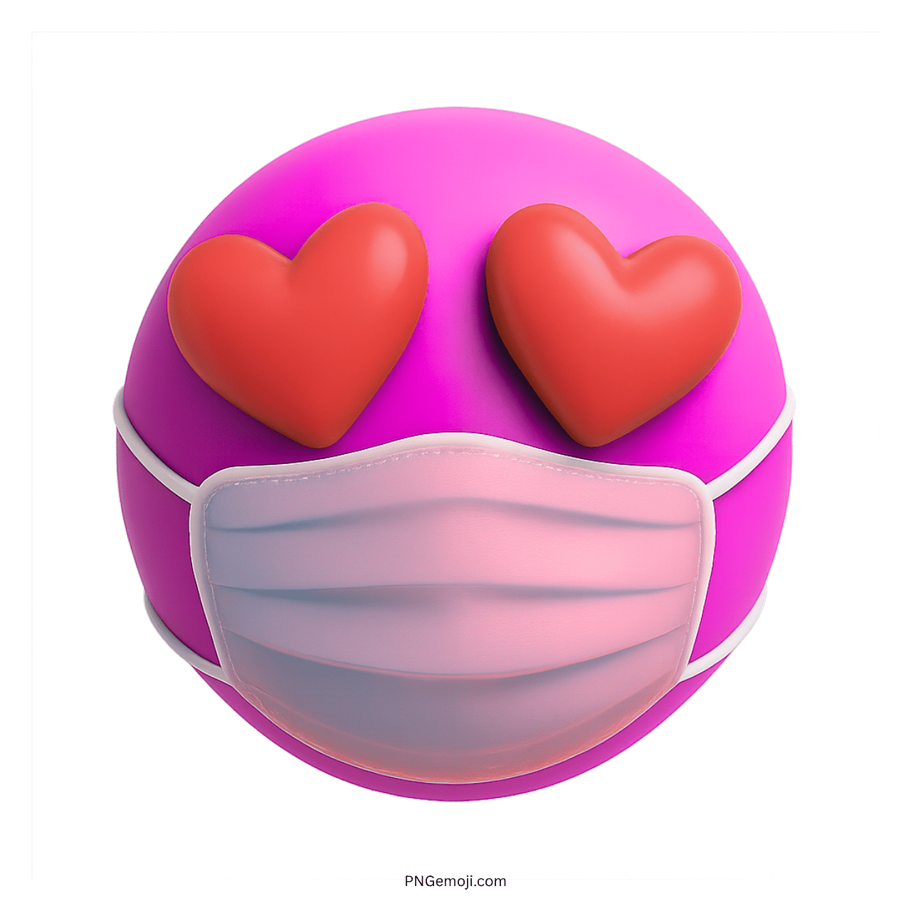 3D pink emoji face with heart eyes and wearing a light-colored medical mask