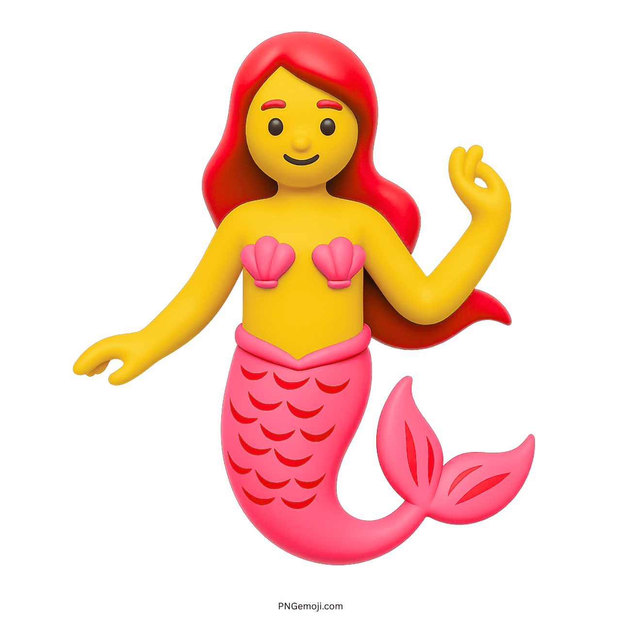 3D pink mermaid emoji with red hair, seashell top, and tail on transparent background