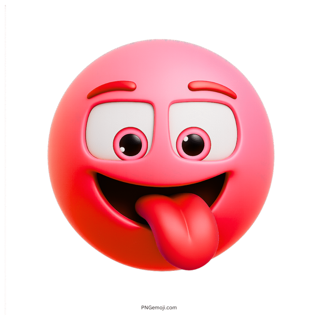 3D pink smiley emoji with red tongue out and wide playful cartoon eyes