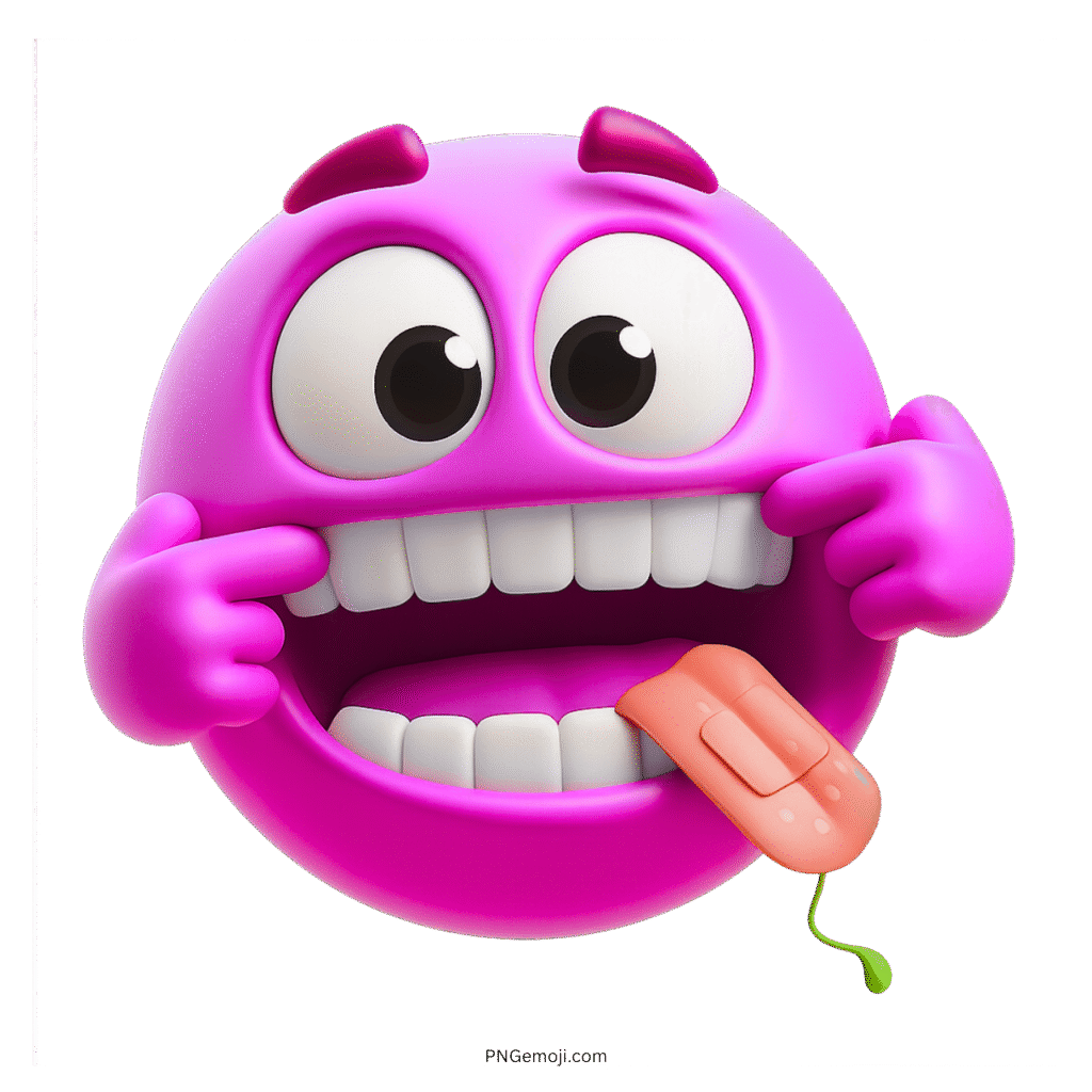 3D pink emoji with big eyes, stretched smile, and tongue sticking out