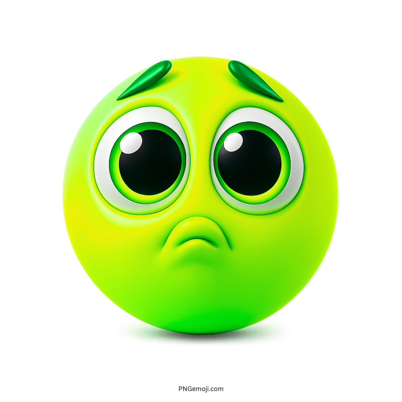 3D green pleading face emoji with big glossy eyes and sad expression