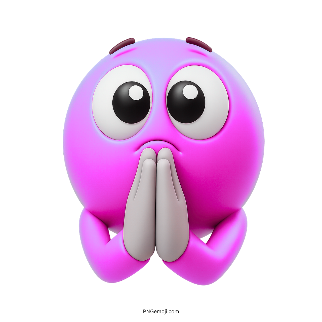 3D praying hands emoji with big eyes and pleading cute purple face expression
