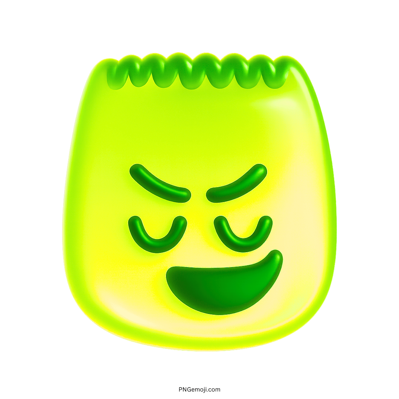 3D proud green TikTok emoji with smug grin and playful confident expression