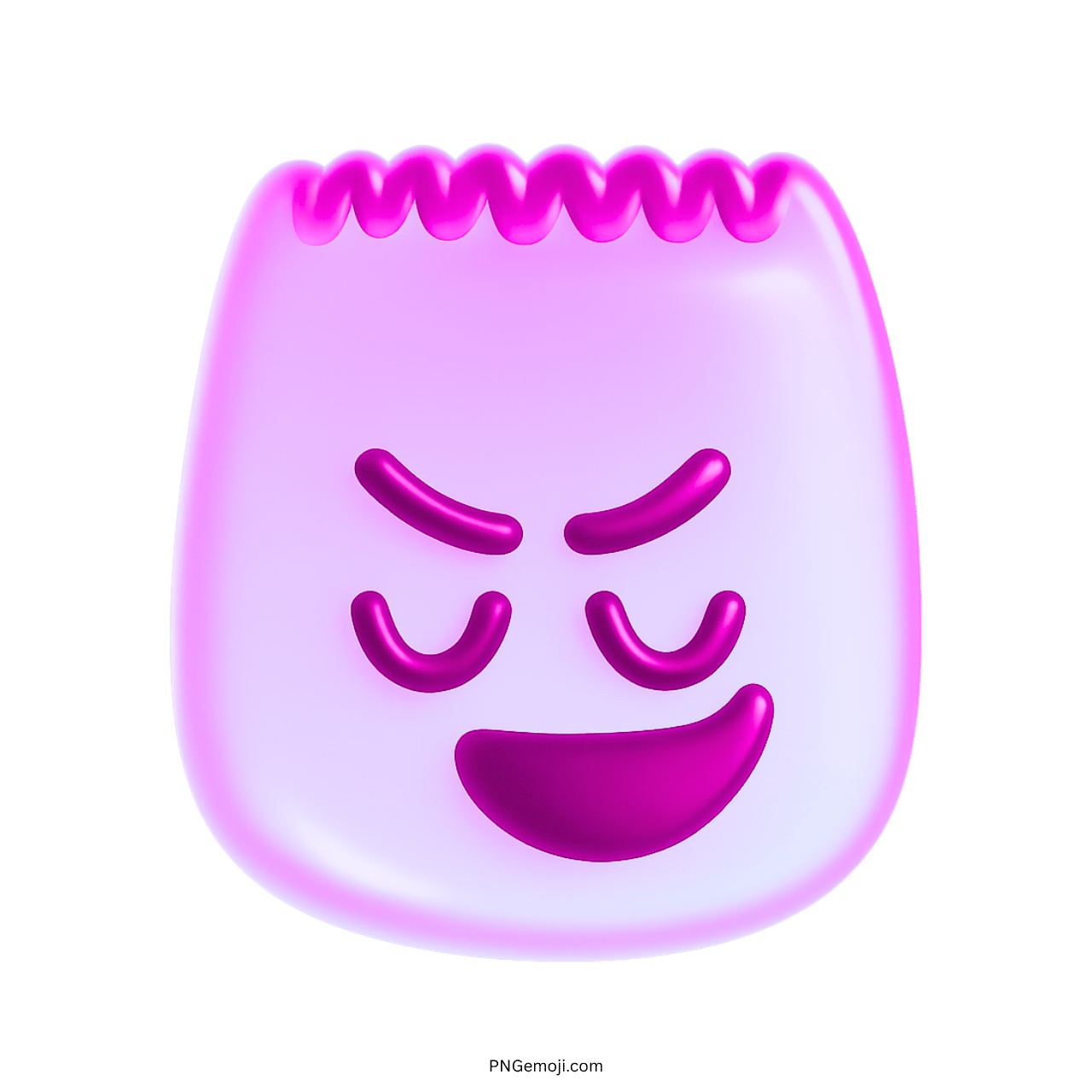 3D proud purple pink TikTok emoji with confident grin and playful attitude