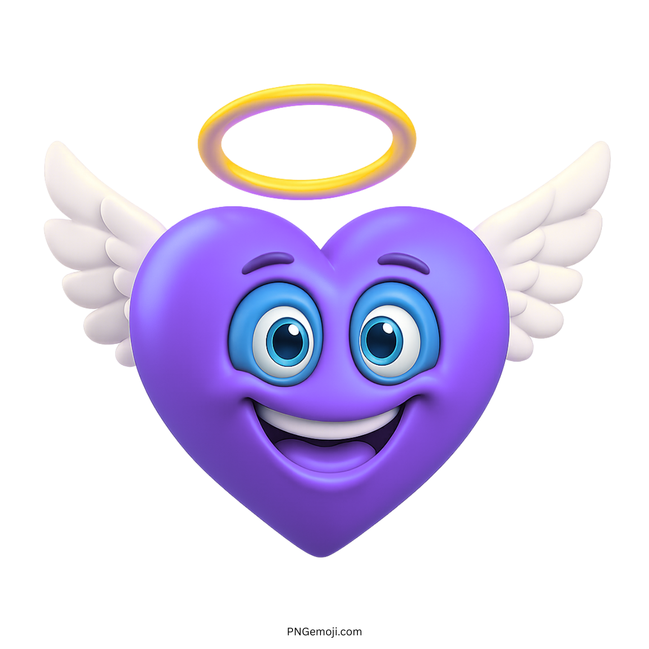 3D purple angel heart emoji with white wings, smiling eyes, and glowing halo