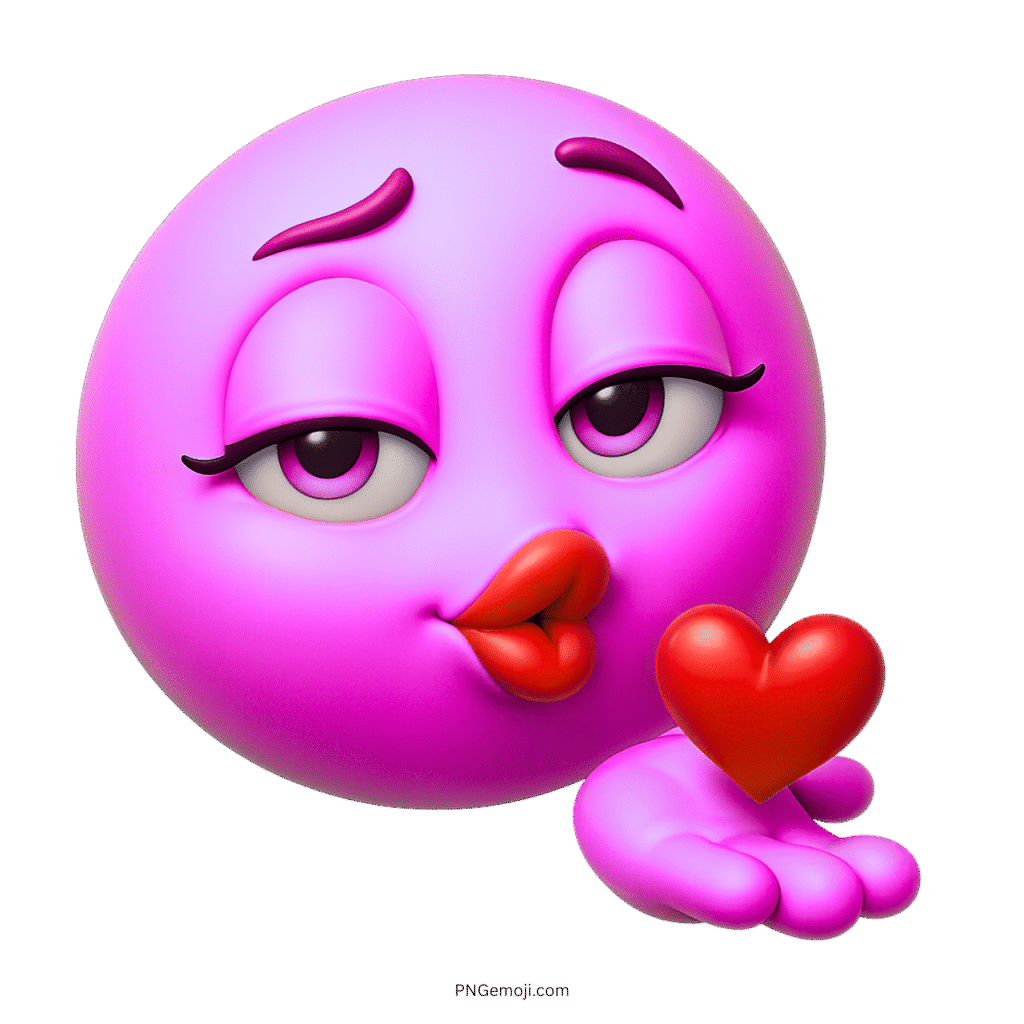 3D purple emoji blowing kiss with red heart and flirty eyes transparent PNG