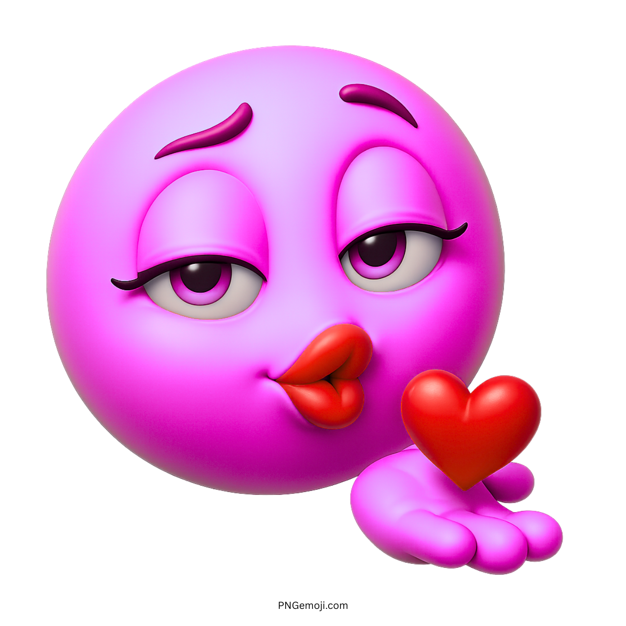 3D purple emoji blowing kiss with red heart and flirty eyes transparent PNG