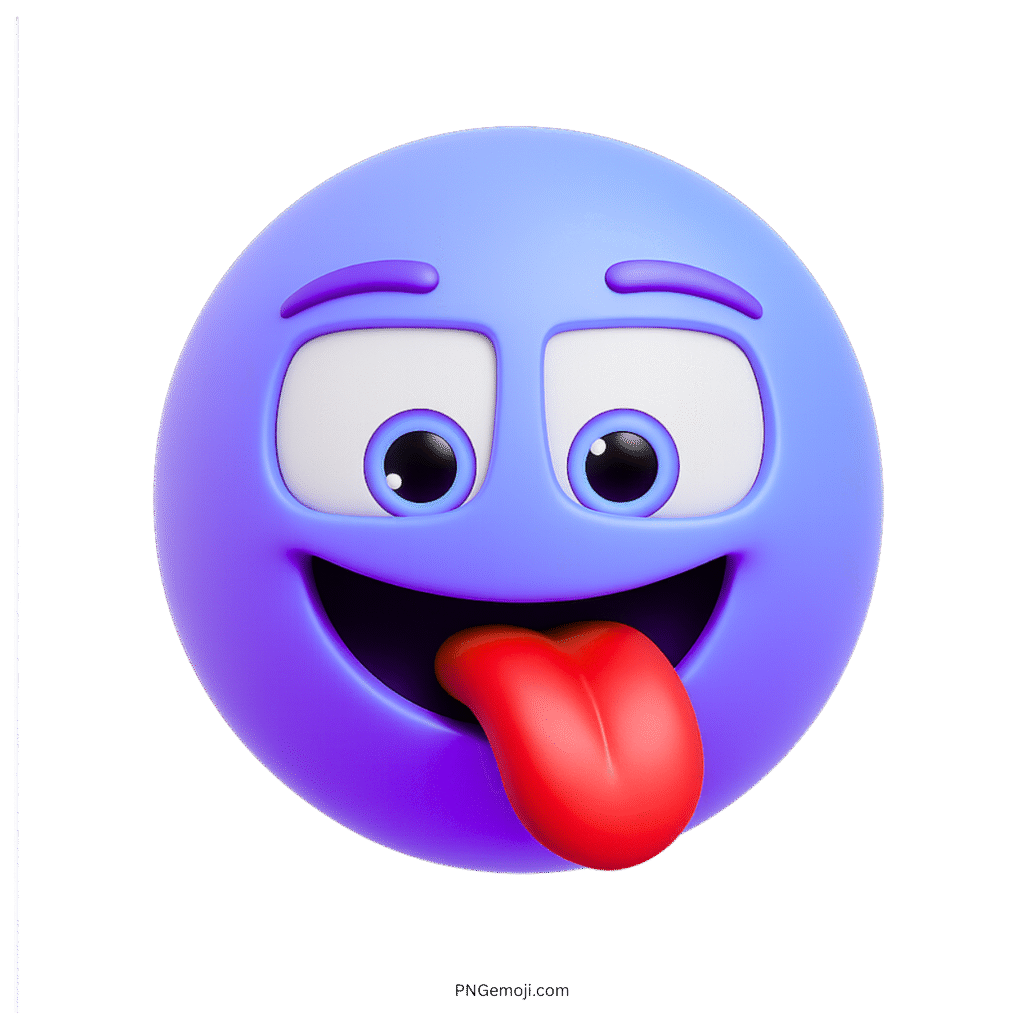 3D purple-blue emoji face with tongue sticking out and expressive cartoon features