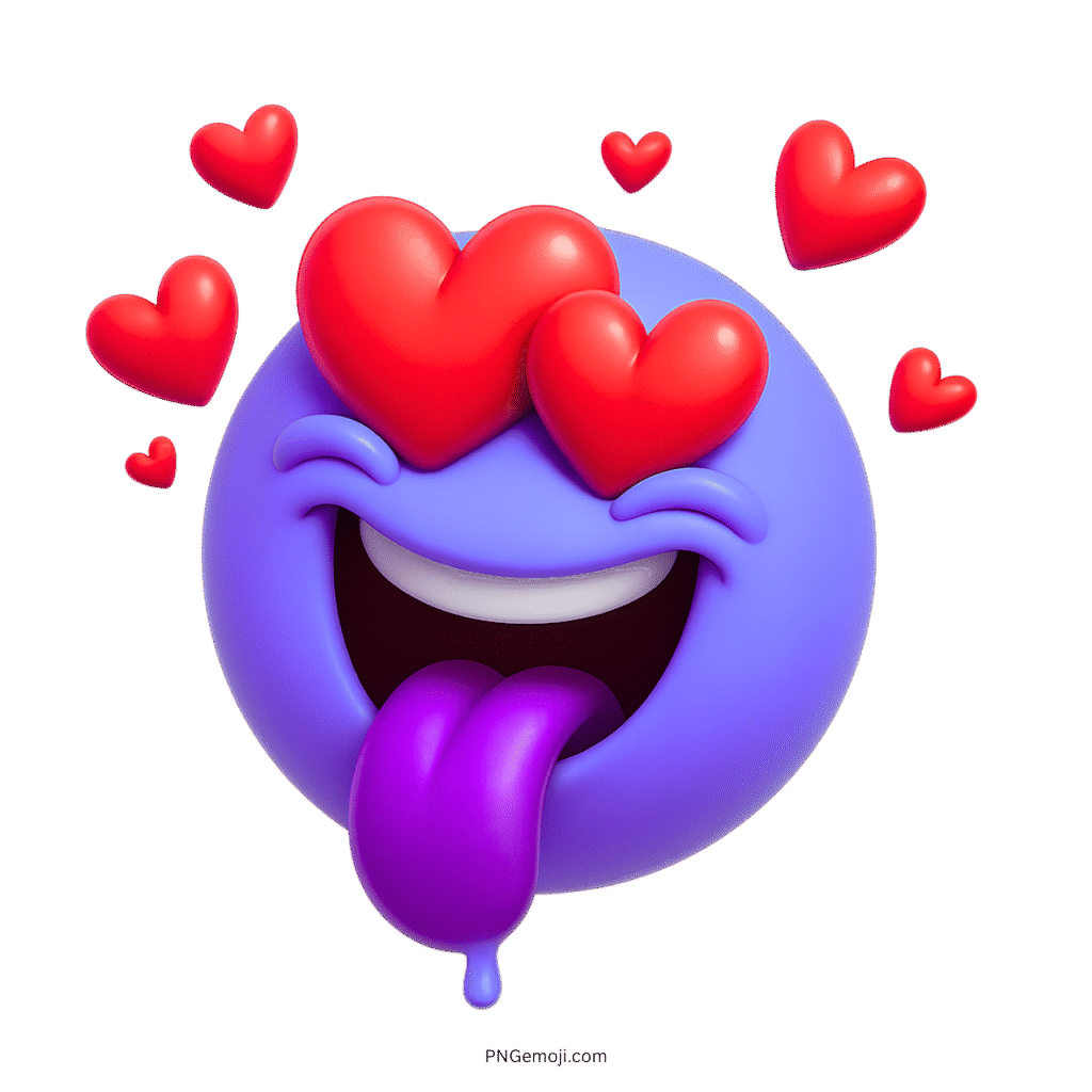 3D purple crazy love emoji with heart eyes and tongue-out laughing face
