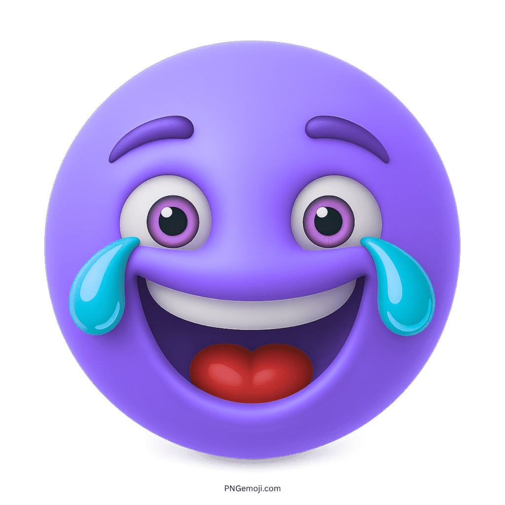 3D purple crying laughing emoji with blue tears and big smile transparent