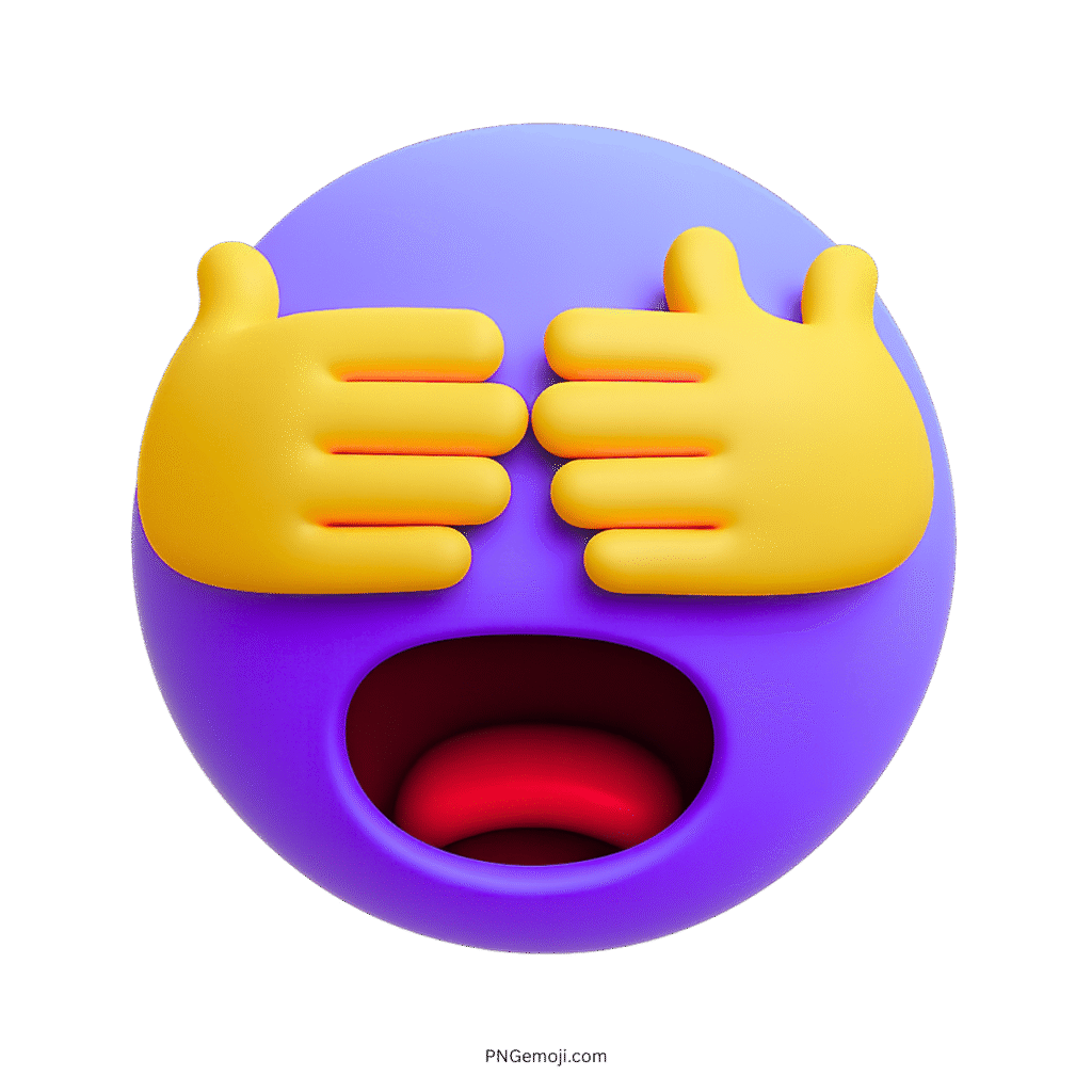 3D purple emoji covering eyes with yellow hands showing surprise or TMI reaction