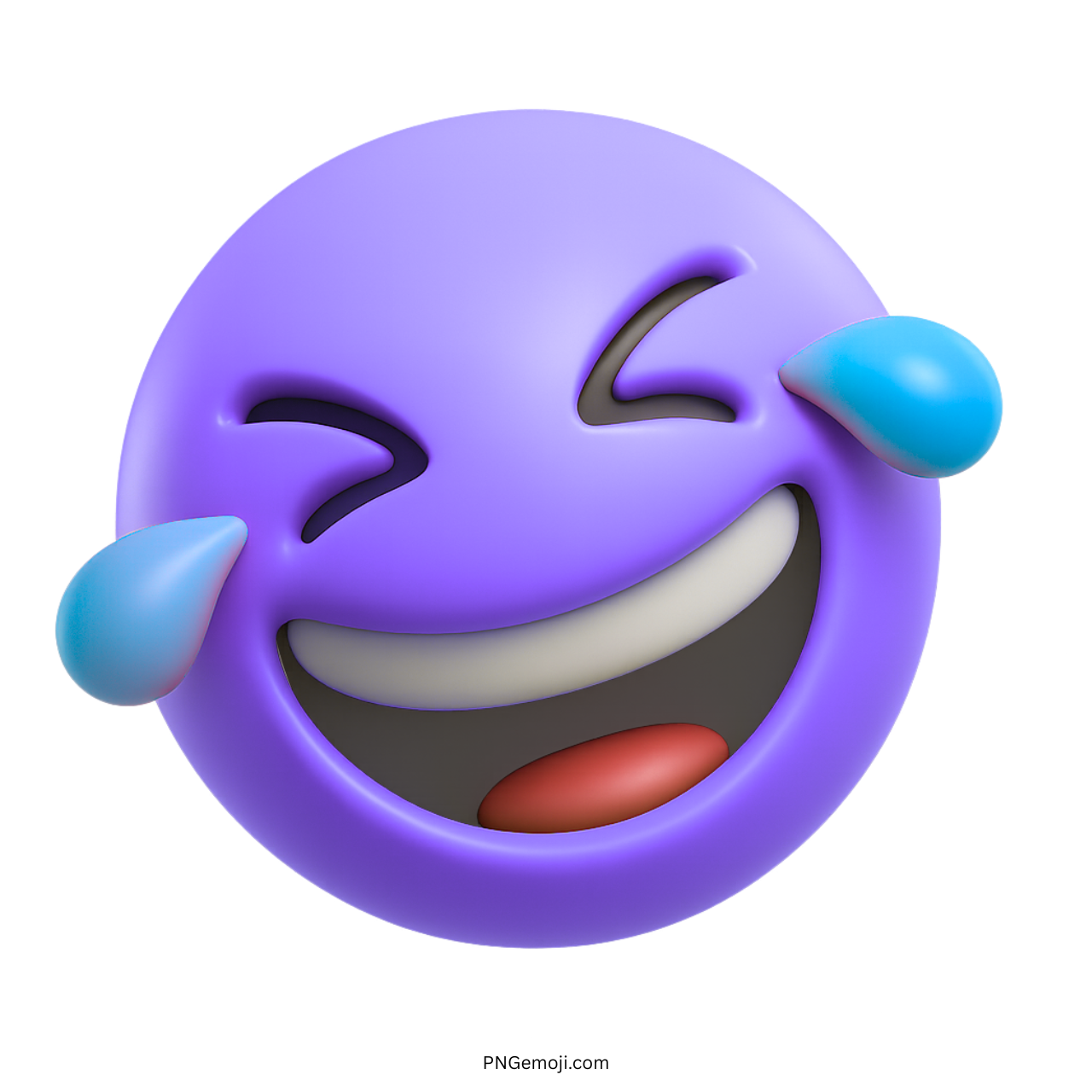 3D purple emoji laughing hard with joyful teardrops flying out
