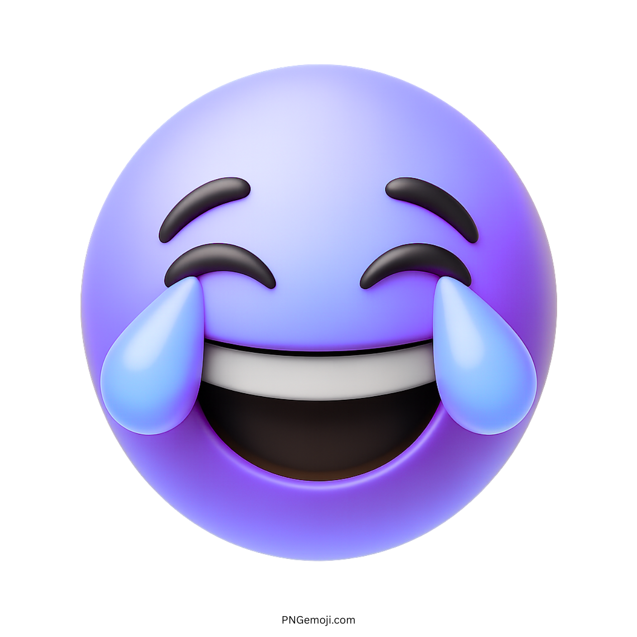 3D purple laughing emoji with tears of joy and wide smile on face
