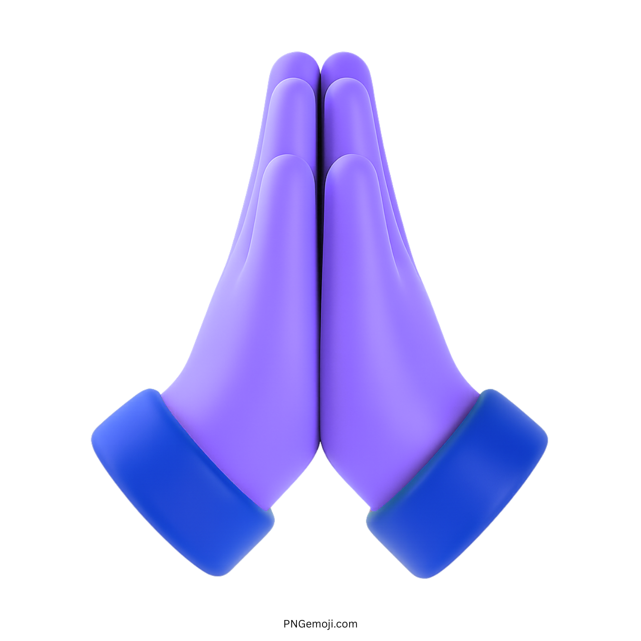 3D purple folded hands emoji with blue cuffs showing prayer or gratitude gesture
