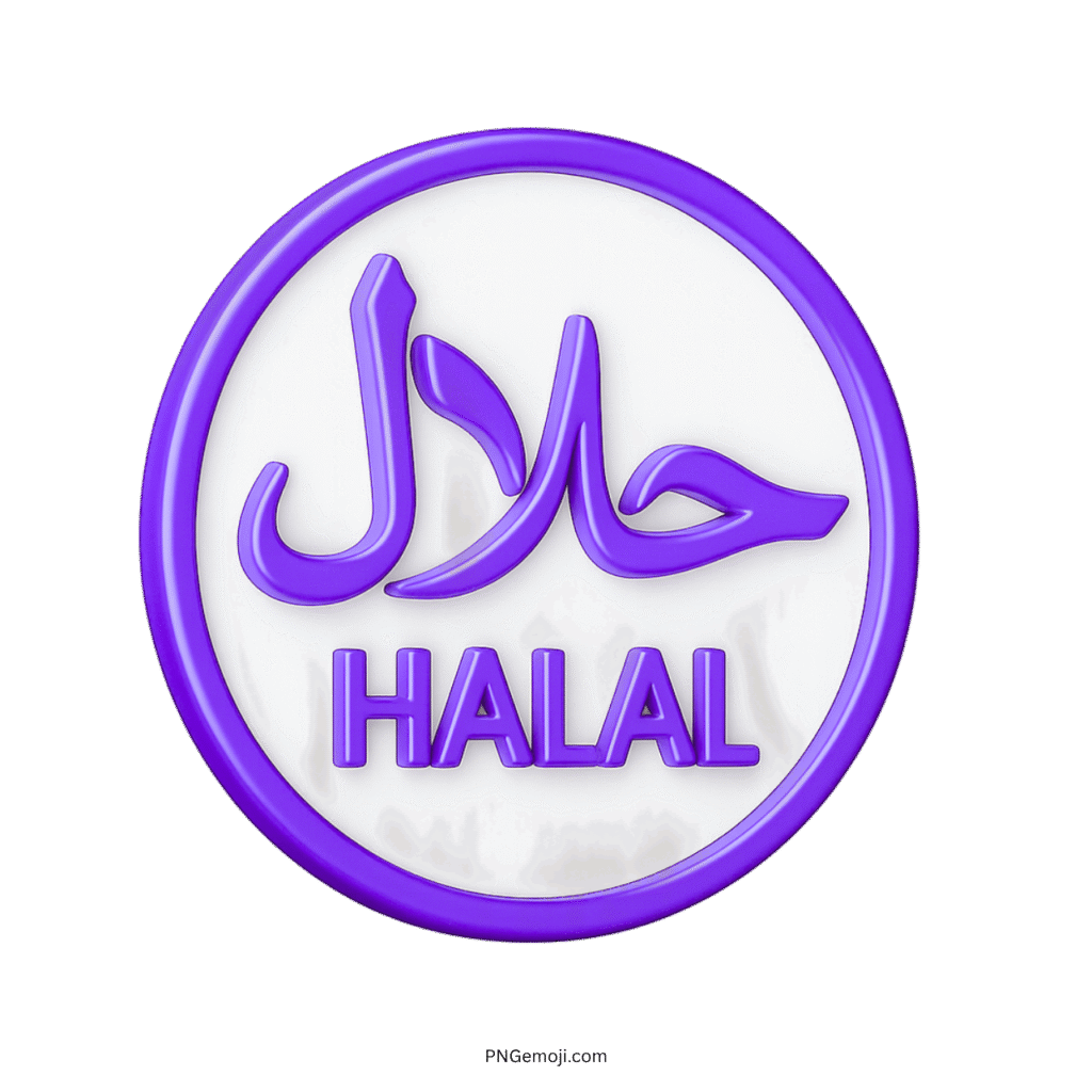 3D purple halal emoji icon with Arabic and English text in a white circle.