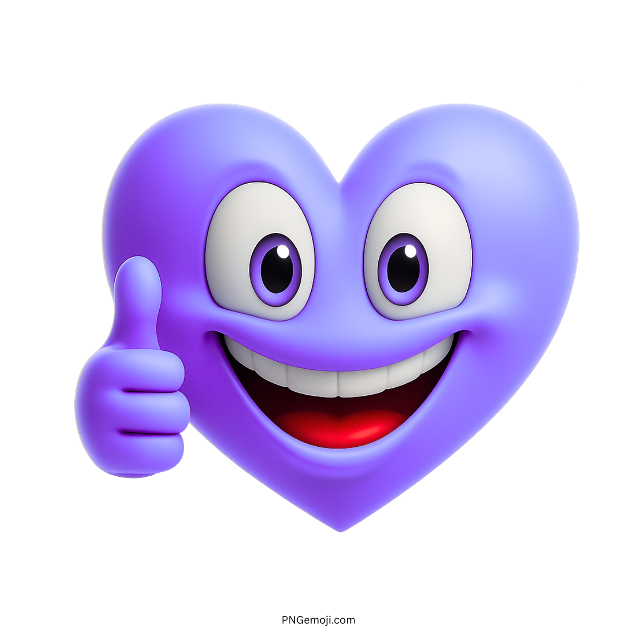 3D purple heart emoji smiling with big eyes and a thumbs-up gesture