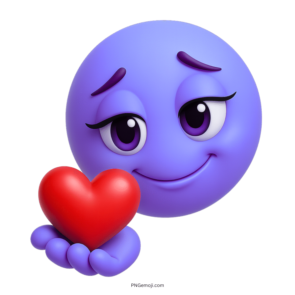 3D purple emoji with cute eyes offering a red heart of love