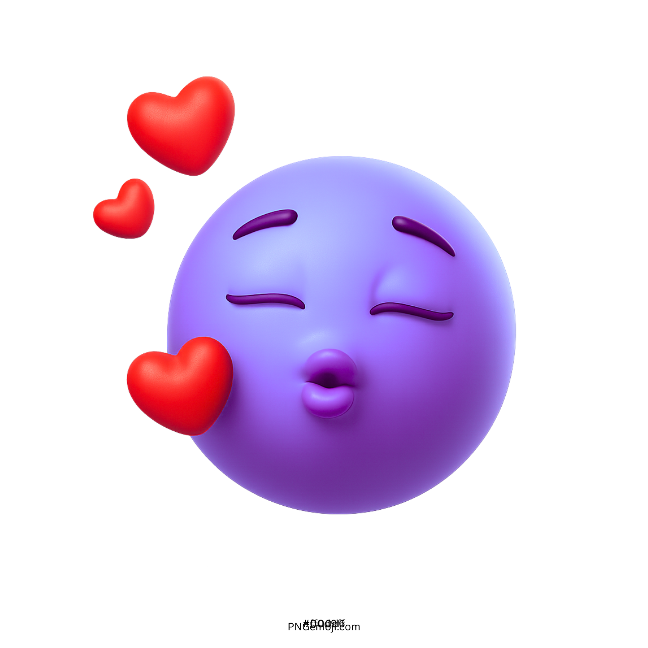 3D purple kiss emoji blowing red hearts with closed eyes and calm expression
