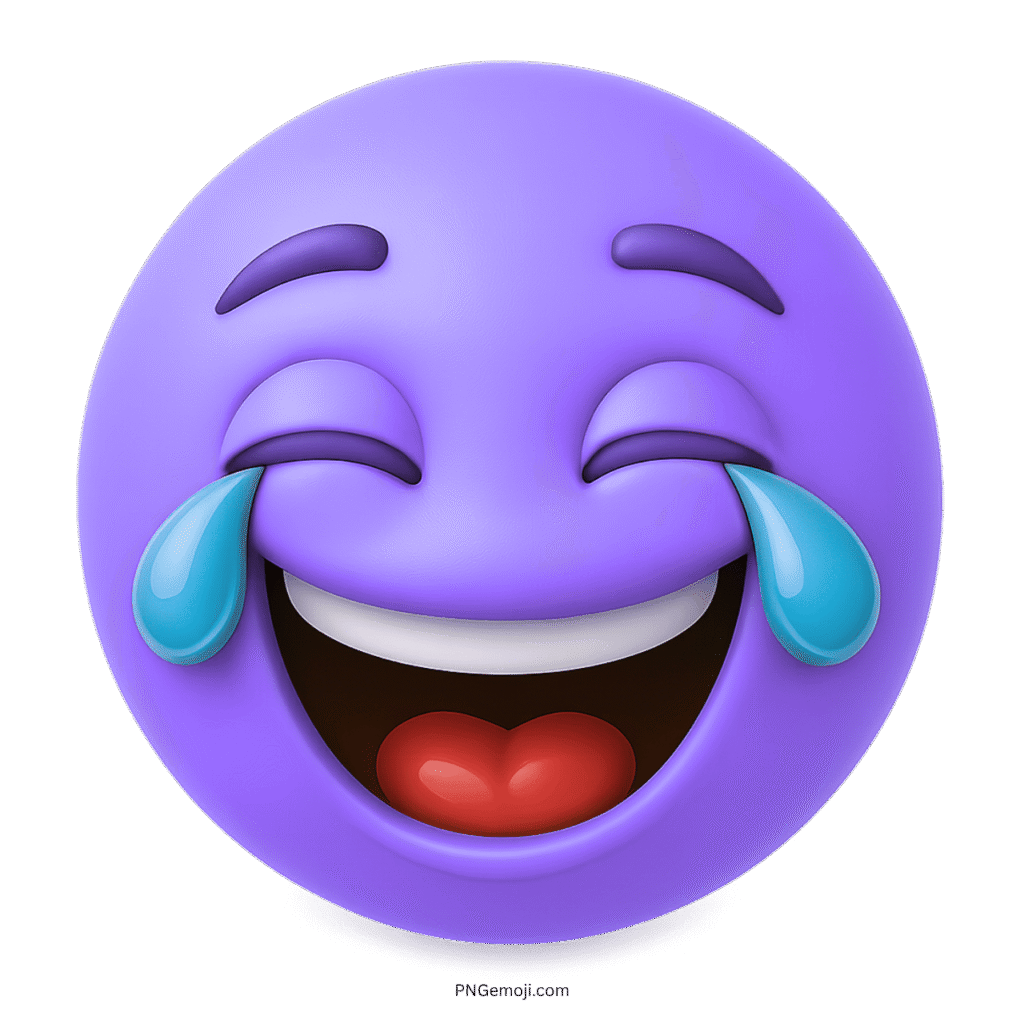 3D purple emoji laughing hard with tears, joyful wide smile and comic face