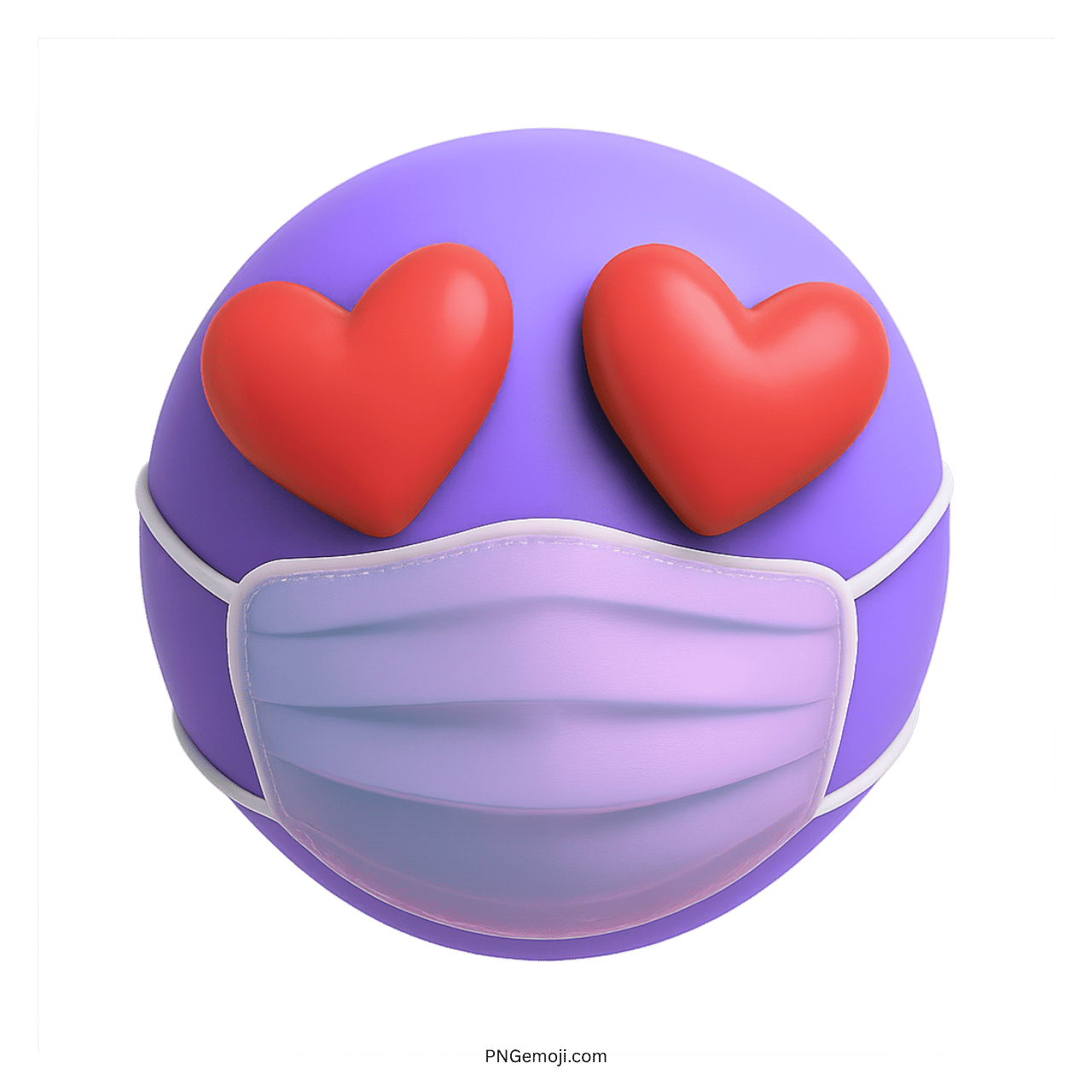 3D purple emoji with red heart eyes and wearing a soft light medical mask
