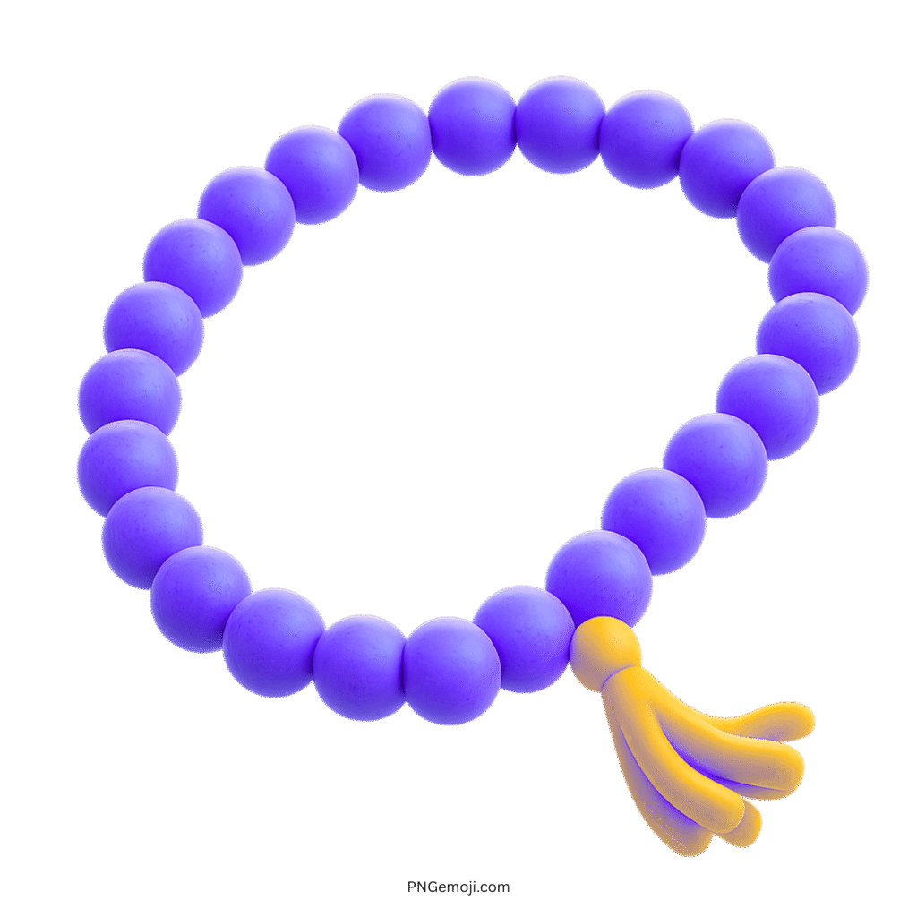 3D purple prayer beads emoji with yellow tassel on transparent