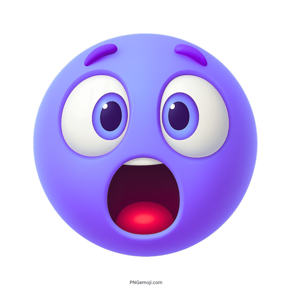 3D purple emoji with shocked expression, large eyes, and open glowing mouth