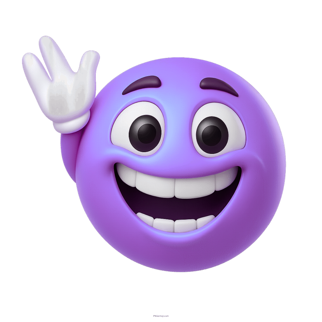 3D purple smiling emoji waving hand with wide eyes and happy expression